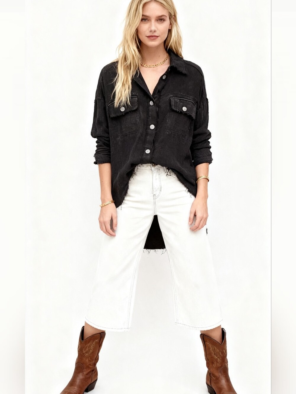 Oli & Hali Gauze Oversized Button-Down Black Shirt Size M